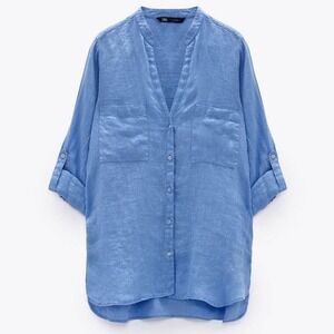 Zara 100% Linen Button-Up Shirt Blue‎ Medium EUC